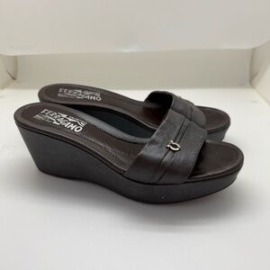 Salvatore Ferragamo Brown Leather Wedge Slide Sandals